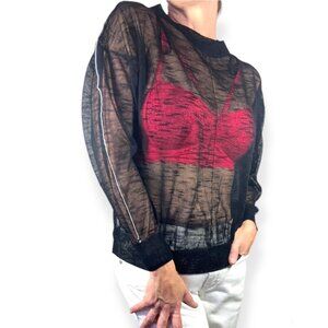 Uniq Womens Long Sleeve Sheer Knit Sweater Rayon Light Knit Size Medium Black